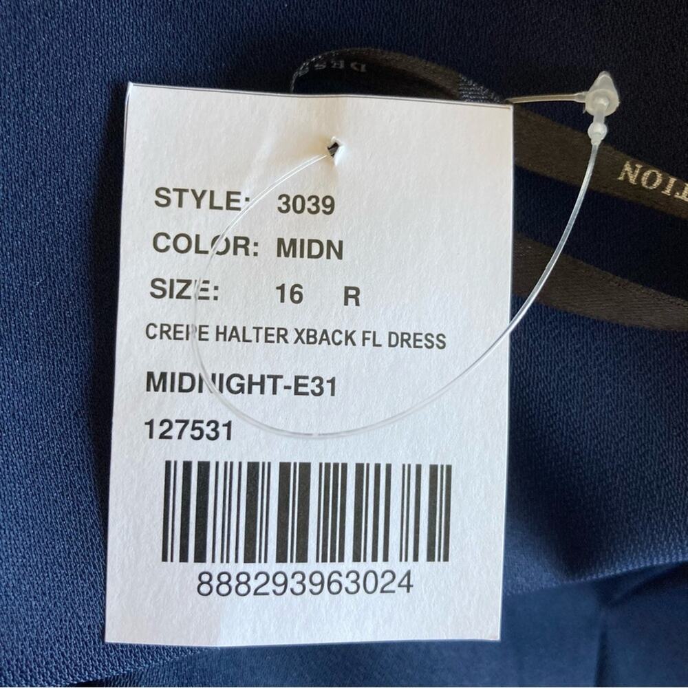 Dessy Collection NWT High Neck Backless Crepe Trumpet Midnight Gown Size 16 - Picture 6 of 8